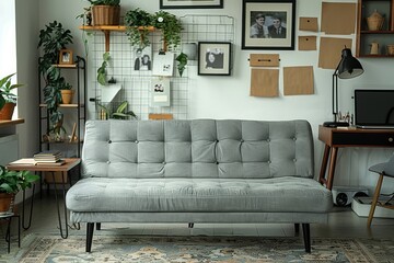 Grey Fabric Sofa with Metal Legs, Wooden Desk, and Elegant Rug in Cozy Home Work Environment