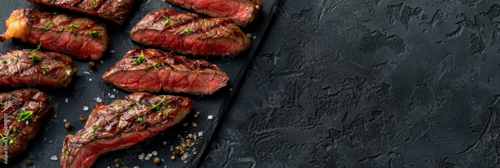 Wall mural Close-up of Grilled Dry Aged Ribeye Steaks Seasoned with Herbs and Black Salt on a Dark Board with Room for Text on the Right