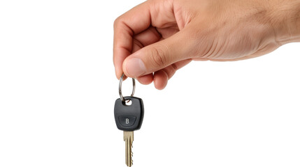 Hand holding car keys on transparent background