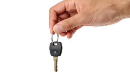 Hand holding car keys on transparent background