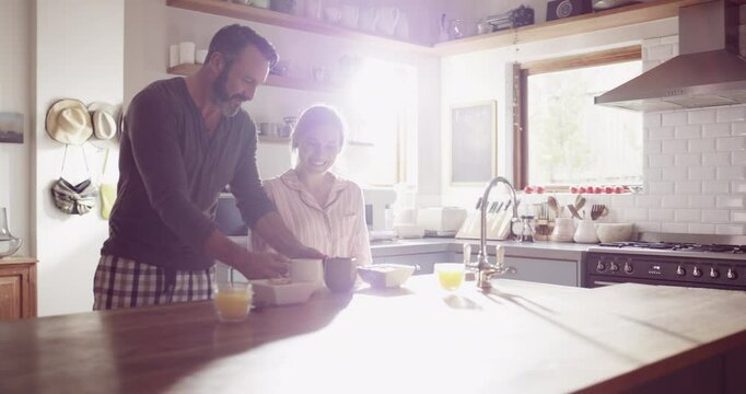 Couple, man or woman and coffee in kitchen for morning breakfast, caffeine or wellness in home with sunlight. People, espresso and porridge on weekend for peace, relax and romance with love or care