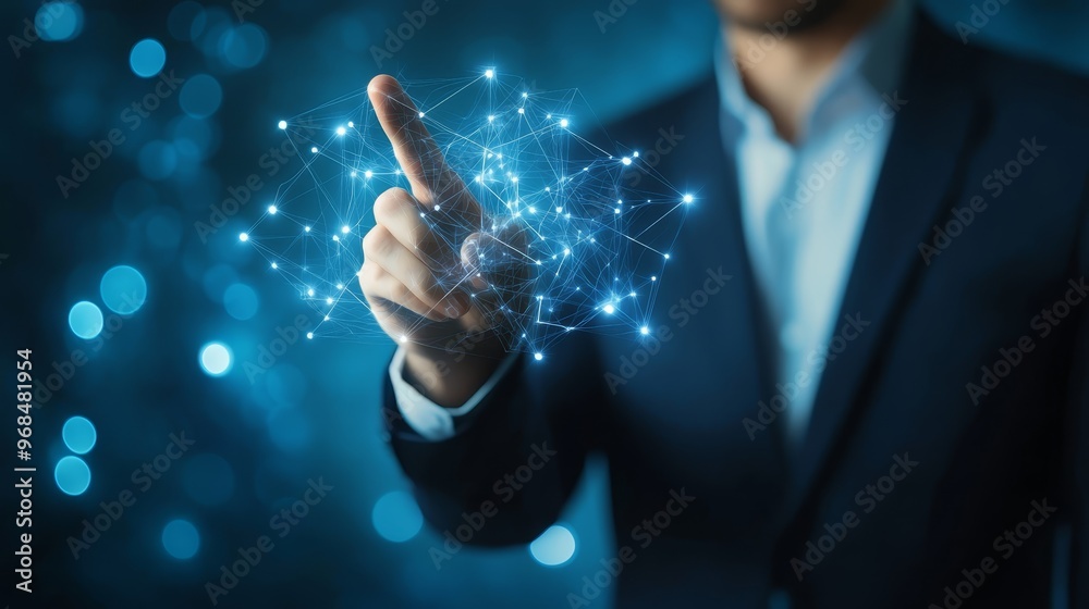 Wall mural businessman connecting digital network with fingertip