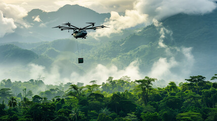 Fototapeta premium Drone flying over tropical rainforest delivering a package in a remote area