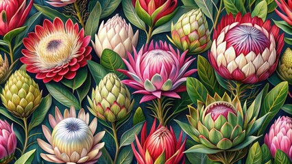 Fototapeta premium Seamless wallpaper featuring beautiful protea flowers in a variety of colors and sizes, protea, flowers, seamless, wallpaper