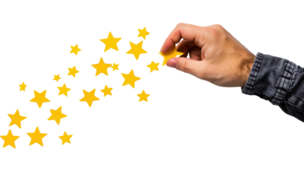 Hand adding star, rating, customer review concept on transparent background