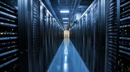 Fototapeta premium Data Center Server Room Corridor with Racks and Network Equipment