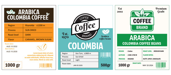 Naklejka premium An illustration of Colombian Coffee Labels template simple flat style in cmyk mode with two tone color. The labels detail various coffee attributes such as origin, altitude, roast level, process, and