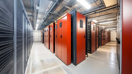 Data Center Server Room Interior with Red Cabinets and Metal Grating Floor