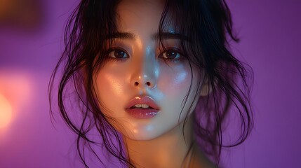 Naklejka premium korean woman model, solid purple backdrop
