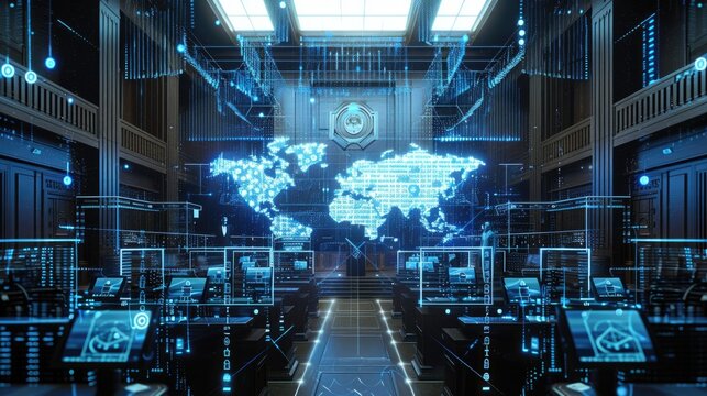 Futuristic courtroom with AI legal assistants and holographic evidence display