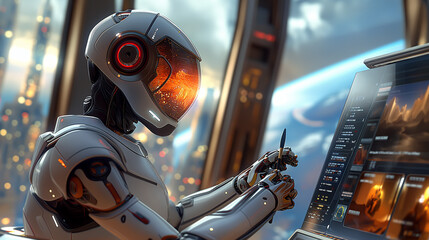 Fototapeta premium A robot artist sits in his studio, his metal hand holding a paintbrush, delicately painting to create a masterpiece.