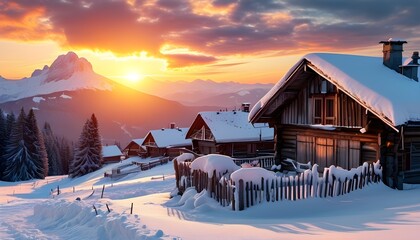 Cozy snow-covered cabins nestled in a mountainous village during a picturesque sunset, embodying the spirit of winter retreat and rural life in the holiday season