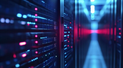 Server Room Interior with Red and Blue Lights