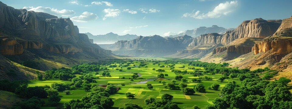 Hadramaut Valley Oasis: A lush green oasis surrounded by barren desert.