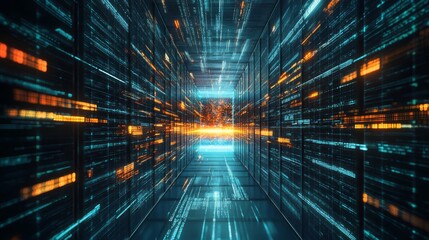 Futuristic Data Center Corridor with Digital Code