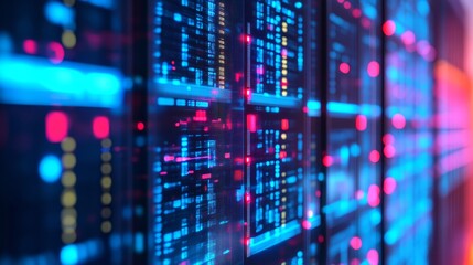 Data Center Server Racks With Neon Lights and Bokeh