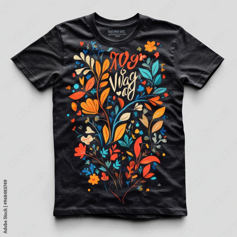 Wall mural Black t-shirt with vibrant floral design and text.