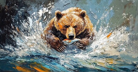 Fototapeta premium Majestic Brown Bear Catches Fish Amidst Flowing River in Abstract Wildlife Art