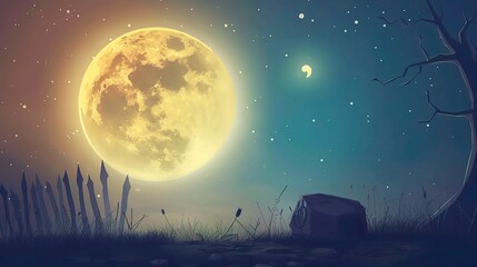 A spooky Halloween cartoon background with a prominent moon. The moon is shining brightly in the night sky, casting an eerie glow