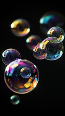 Naklejka premium Soap bubbles with rainbow reflections on black