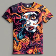 Colorful artistic t-shirt design featuring a surreal face.