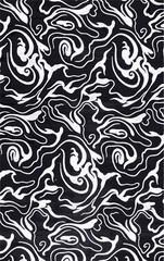 Black and white abstract pattern of swirling lines, evoking flowing liquids or smoke, for design backgrounds and textures.