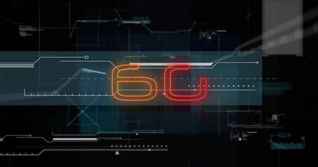 Animation of network of connections over data processing and 6g text - Powered by Adobe