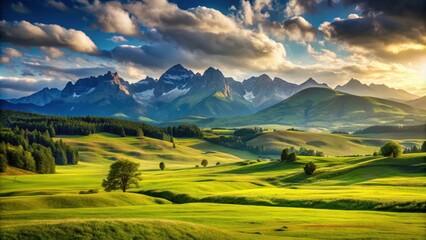 Fototapeta premium Rolling landscape with lush green grass and majestic mountains in the background, scenic, nature, outdoors, beauty