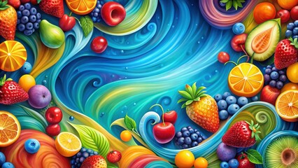 Naklejka premium Abstract background featuring colorful fruit shapes and blue swirls , abstract, fruit, background, blue, swirls, vibrant