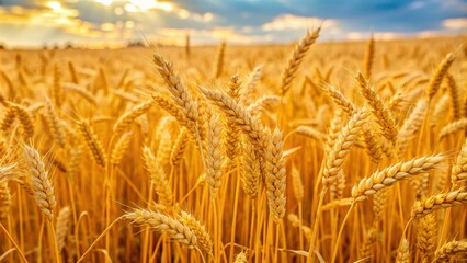 Fototapeta premium Golden cereal field with close-up ears of rye, golden, cereal, field, rye, close-up, natural, background, agriculture, harvest, wheat
