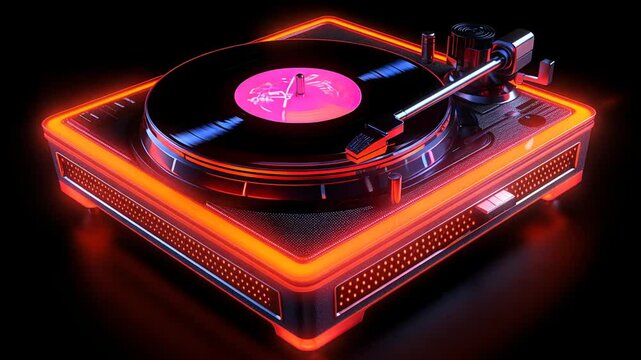 High-tech record player with neon lights and a classic vinyl album