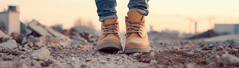 A close-up of rugged boots on a construction site, embodying adventure and outdoor spirit. Perfect for travel and lifestyle themes.