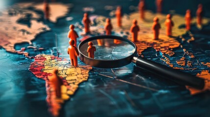 Exploring Global Connections: A World Map with Miniature Figures and a Magnifying Glass