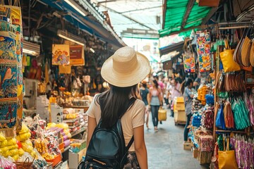 Fototapeta premium Female tour guide leading a walking tour through a bustling market. Stalls with colorful goods are visible behind her