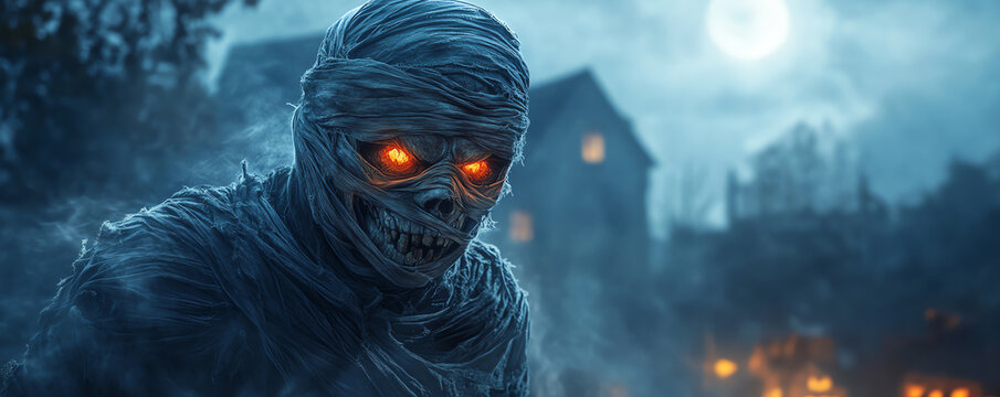 Creepy mummy with glowing eyes under a full moon in a haunted setting, perfect for Halloween themes and spooky atmospheres.