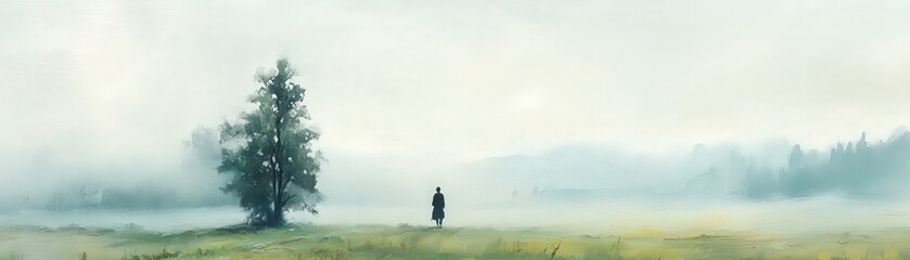 A serene landscape featuring a solitary figure near a misty lake, surrounded by lush greenery and soft atmospheric hues.