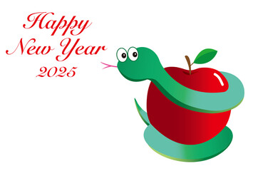 リンゴにまきつくかわいいヘビの年賀状
