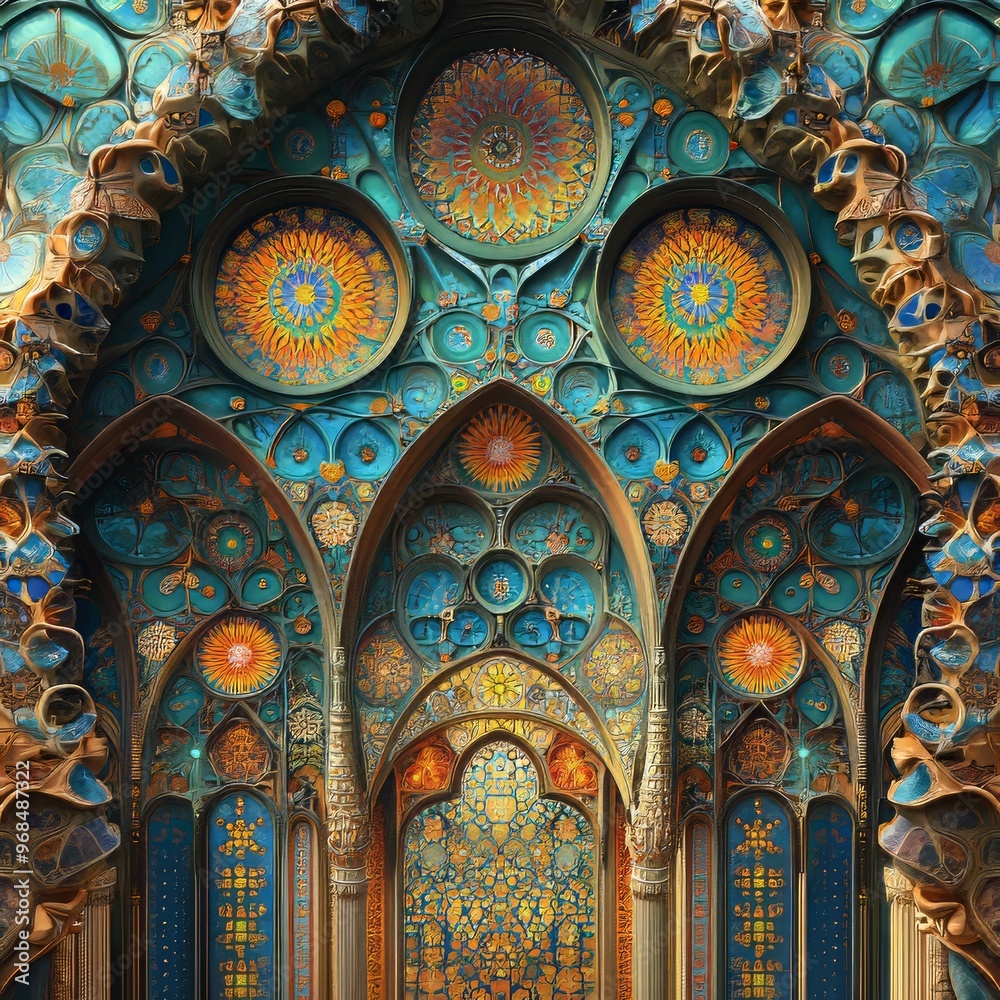 Poster Ornate architectural design featuring intricate patterns and vibrant colors.