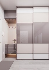 Zone in the hallway with shelves and a niche for things at the entrance. Built-in wardrobe with glass glossy facades of delicate shades