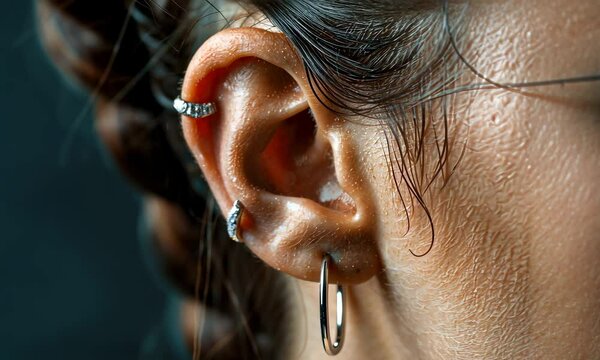 Close-up of woman's ear adorned with three earrings