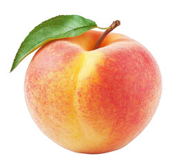 Fresh Peach with Green Leaf on Black Background