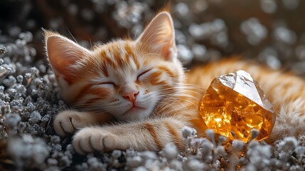 A ginger kitten sleeps peacefully next to a large amber crystal in a bed of white flowers.