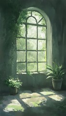 Naklejka premium A serene window filled with natural light, adorned with lush plants, creating a peaceful atmosphere of tranquility and greenery.