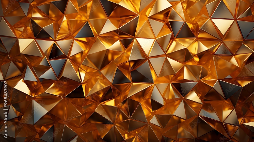 Wall mural abstract geometric pattern of golden, reflective triangular shapes.