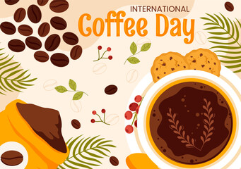 International Coffee Day Vector Illustration on 1st October, Featuring Aromatic Coffee and Relaxing Drink with a Brown Background in a Cute Cartoon