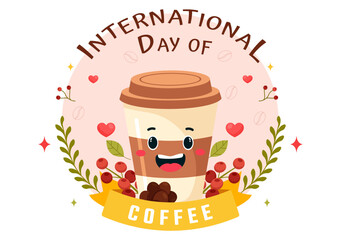International Coffee Day Vector Illustration on 1st October, Featuring Aromatic Coffee and Relaxing Drink with a Brown Background in a Cute Cartoon