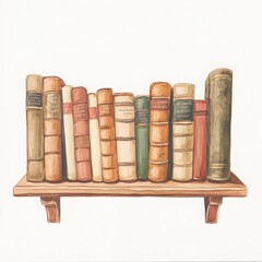 Naklejka premium Artistic illustration of a bookshelf filled with vintage books, showcasing classic literature and diverse colors and textures.