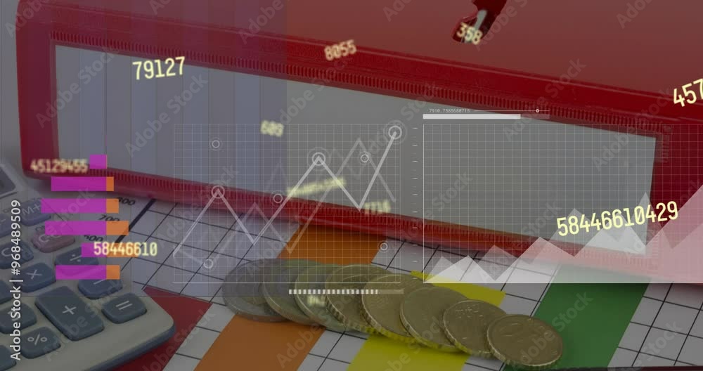 Poster animation of data processing and diagrams over coins and calculator