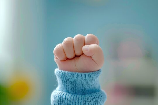 A close-up shot of a newborn baby&rsquo;s tiny fist clenched in a blue sleeve, showcasing delicate skin and detail.