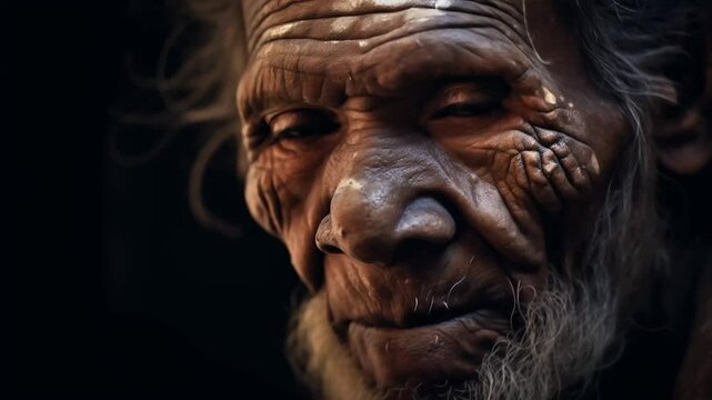 Elderly Indigenous man with traditional face paint and jewelry, conveying wisdom and cultural heritage